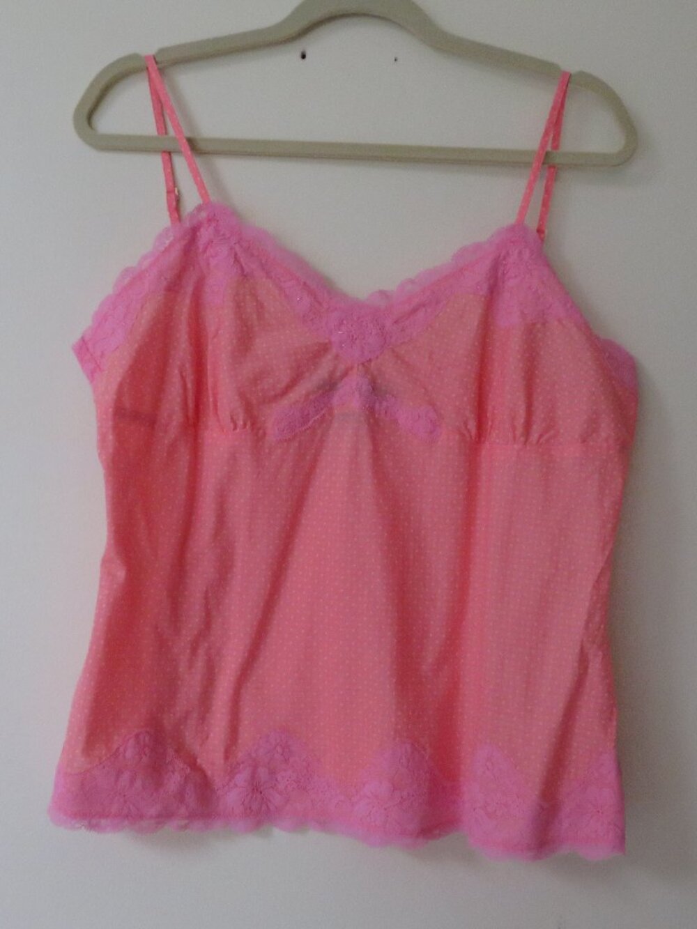 Vintage Babydoll Pink Polka Dot Lingerie Top Lace Trim Express Studio Large